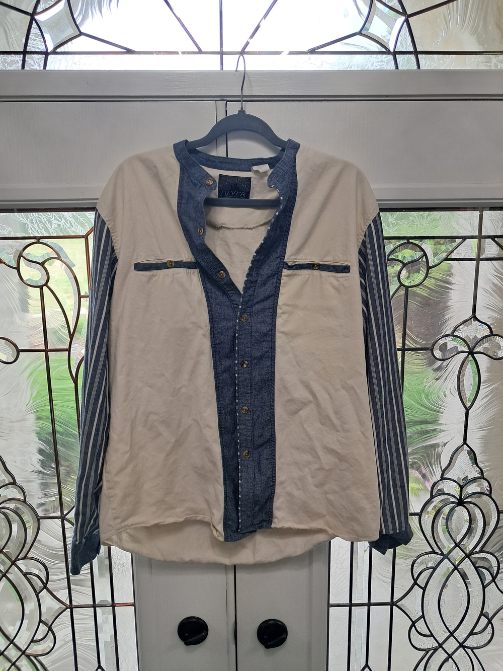 Vintage Spindle River Men's Two-Tone Button Shirt Jacket - Beige & Blue Sz XL